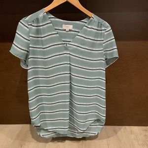 Loft Mint Navy Blue Striped Pleat Back Top